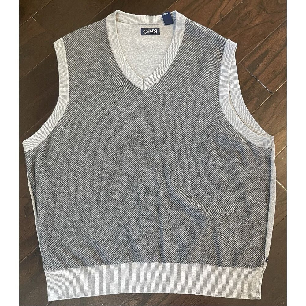 Chaps Sweater Vest Mens 2XB Gray V-Neck Cotton Diagonal Knit Sleeveless